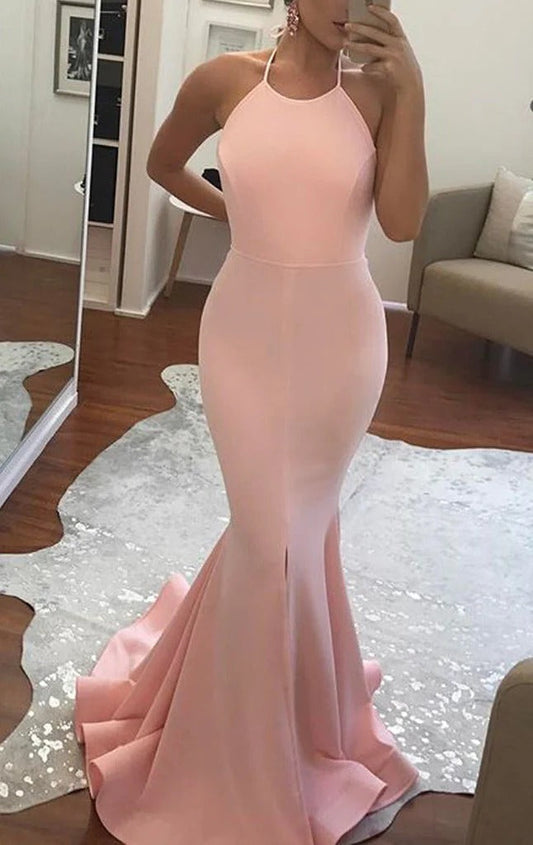 Pink Halter Mermaid Satin Long Prom Dresses