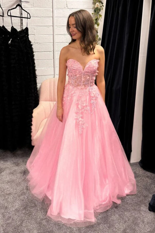 Pink Satin Strapless A Line Lace Appliques Long Prom Dress