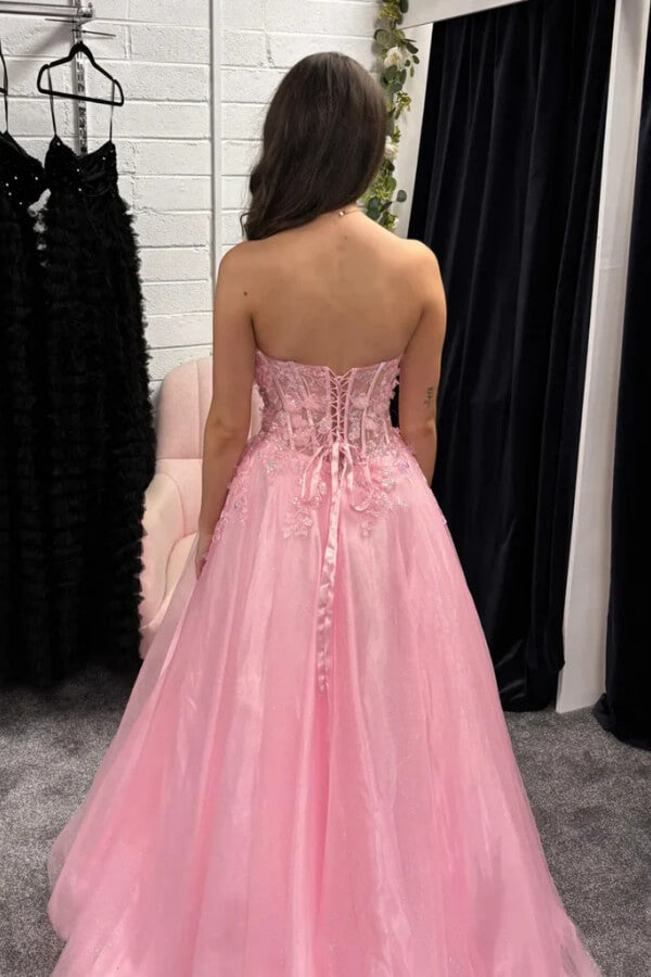 Pink Satin Strapless A Line Lace Appliques Long Prom Dress