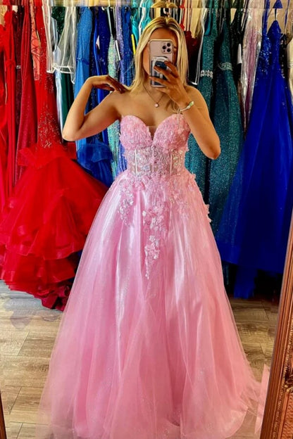 Pink Satin Strapless A Line Lace Appliques Long Prom Dress