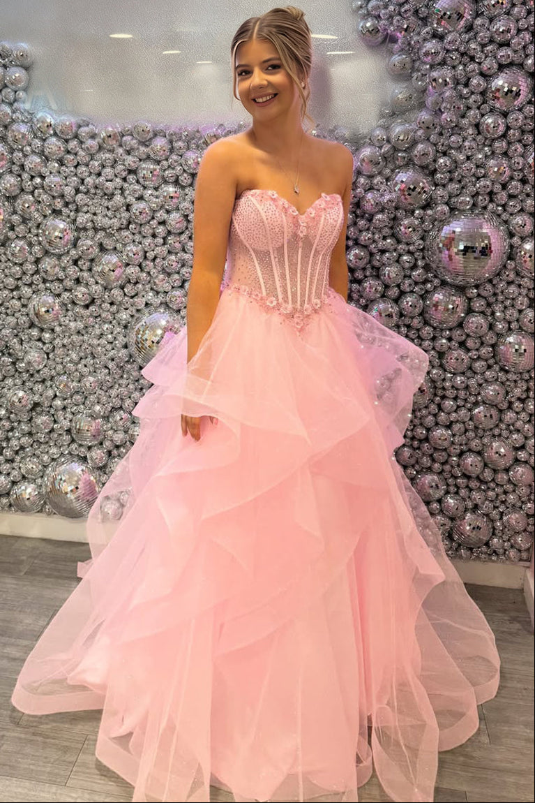 Pink Sparkly Tulle Corset Bodice Prom Dress with Ruffled Skirt