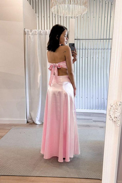Pink Strapless Column Satin Cut Out Long Prom Dress