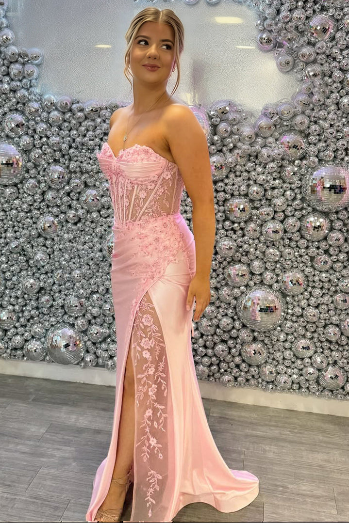 Pink Strapless Corset Floral Lace Prom Dress with High Slit