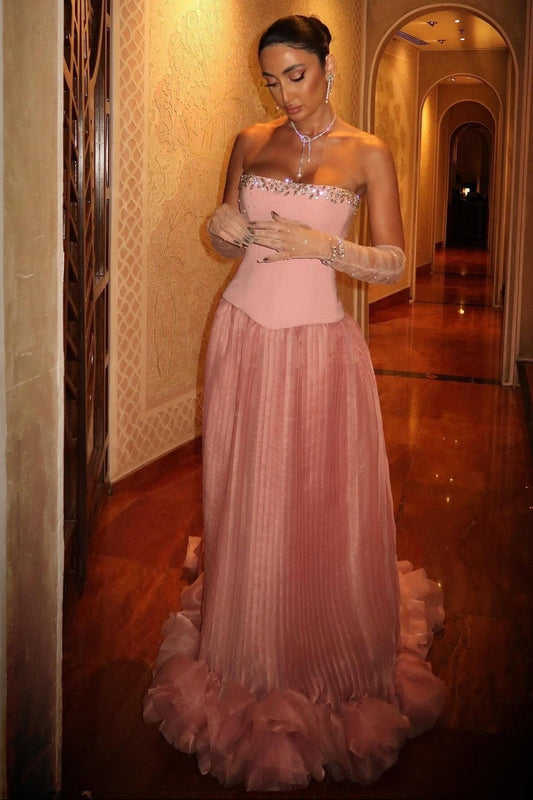 Pink Strapless Corset Prom Dress with Beaded