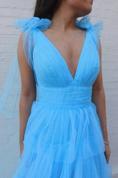 Plunge Neck Blue Ruffle Tiered Long Dress with Slit