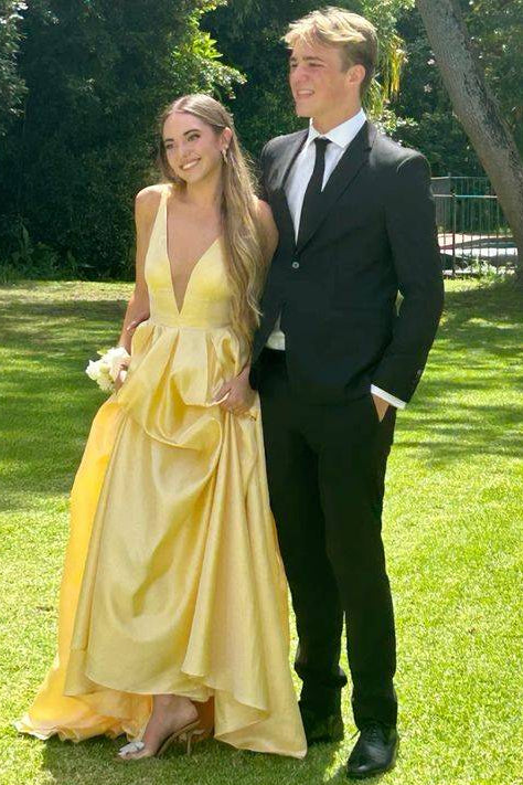 Plunge Neck Yellow A-line Satin Long Dress