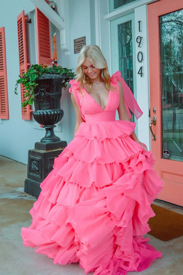 Princess A-Line V-Neck Fuchsia Prom Dress Party Dress With Slit