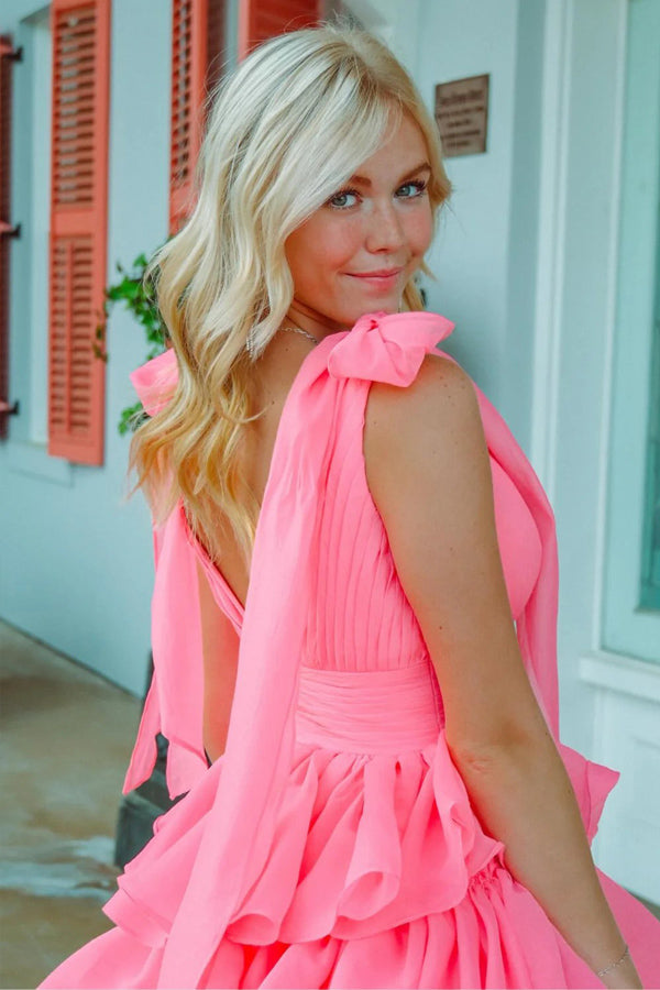 Princess A-Line V-Neck Fuchsia Prom Dress Party Dress With Slit