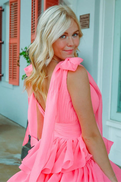 Princess A-Line V-Neck Fuchsia Prom Dress Party Dress With Slit