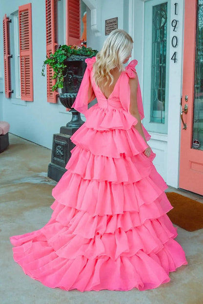 Princess A-Line V-Neck Fuchsia Prom Dress Party Dress With Slit