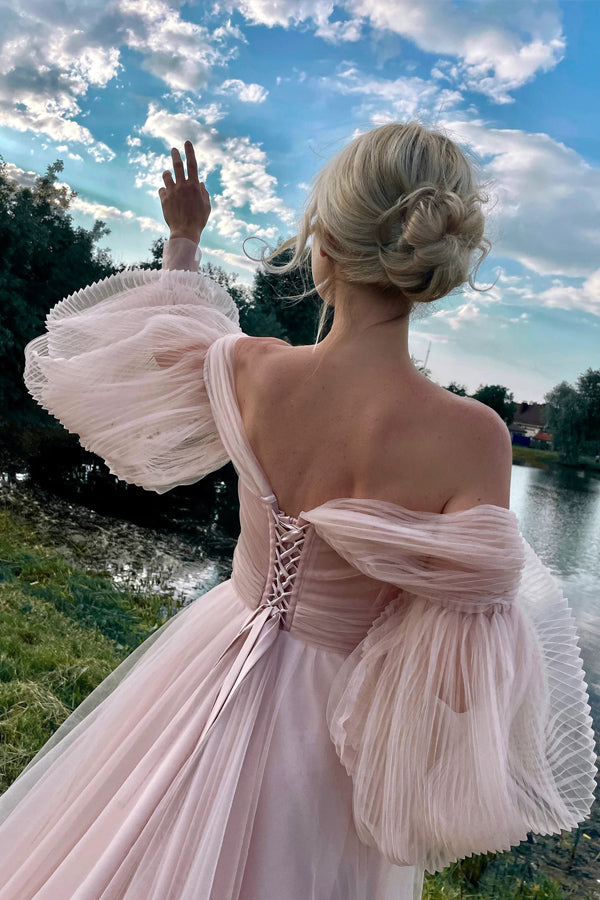 Princess Off The Shoulder Puff Sleeves Pink Long Prom Dress