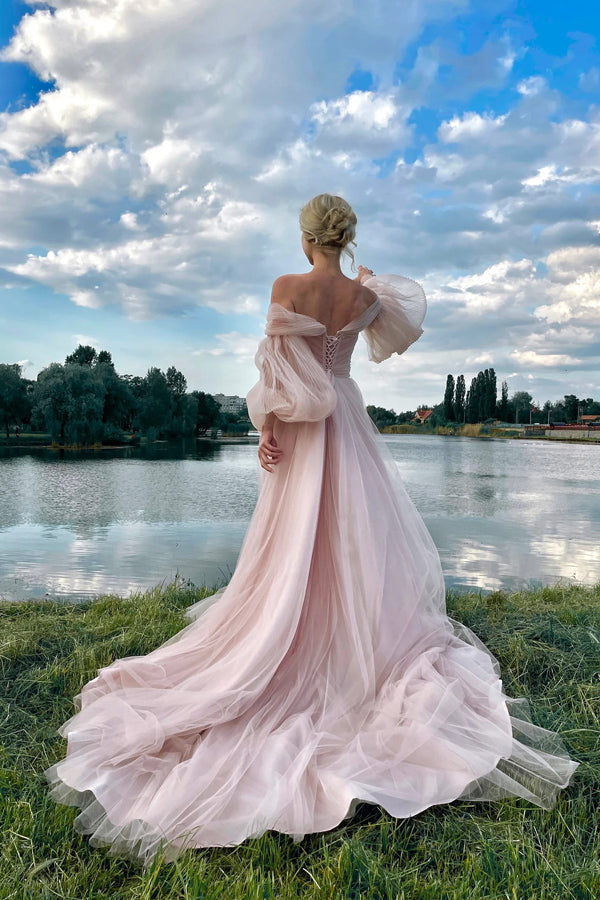 Princess Off The Shoulder Puff Sleeves Pink Long Prom Dress