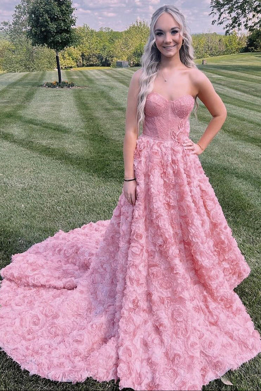 Princess Ball Gown Sweetheart Pink 3D Flower Lace Prom Dress