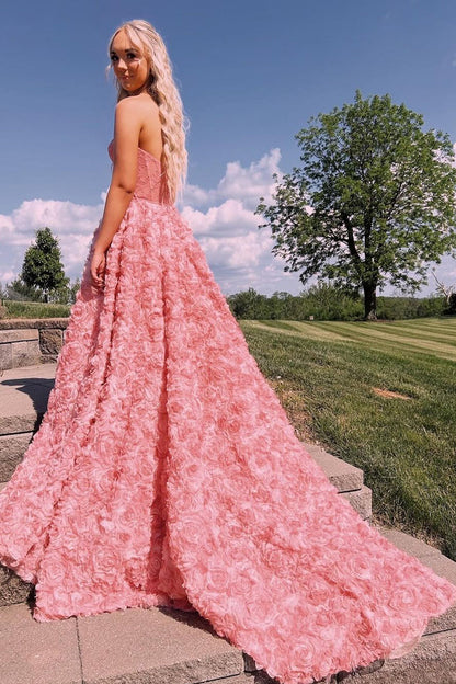 Princess Ball Gown Sweetheart Pink 3D Flower Lace Prom Dress