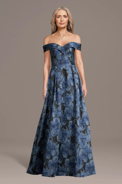 Navy Blue Off-Shoulder Floral Evening Dress