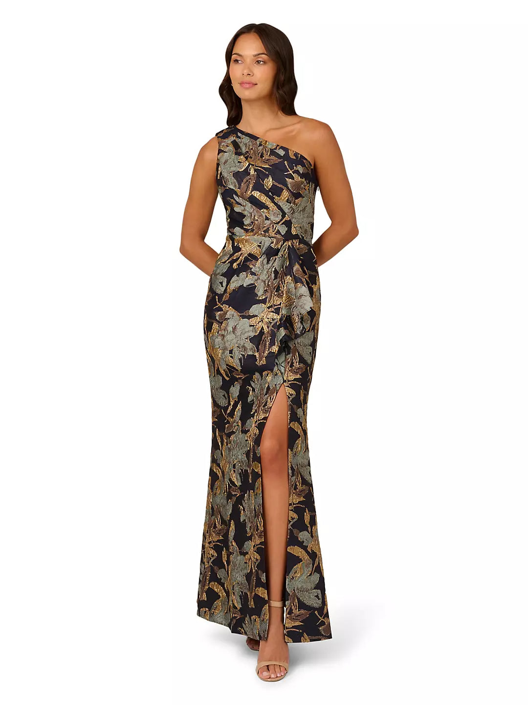Black Floral One-Shoulder Evening Dress