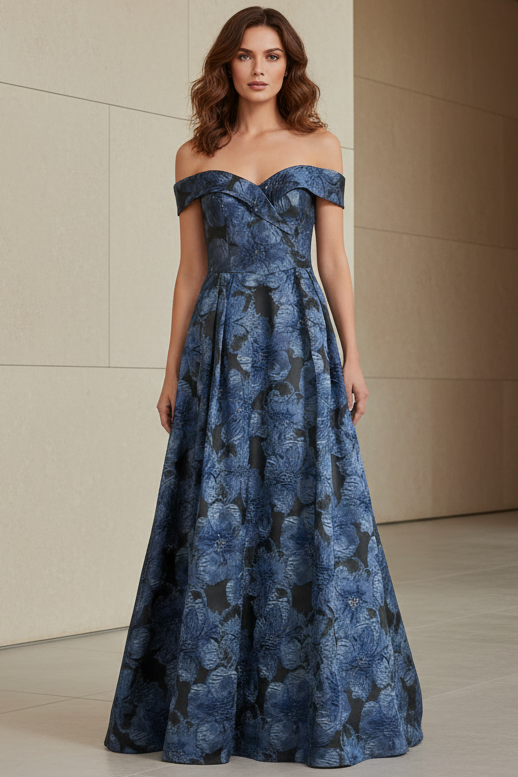 Navy Blue Off-Shoulder Floral Evening Dress