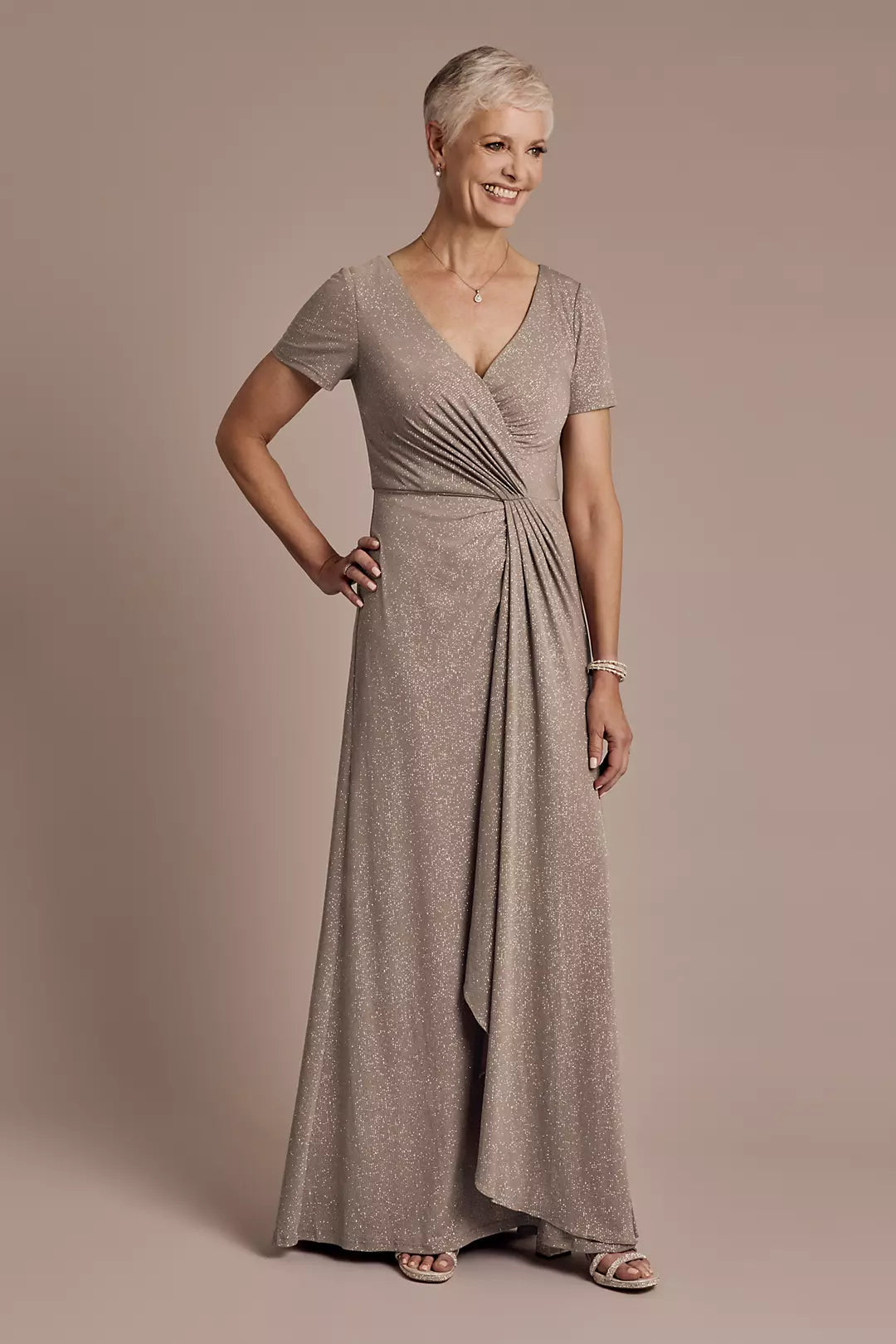 Short Sleeve Floor-Length A-Line Gown with Wrap Waist