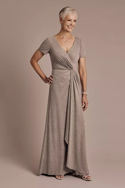 Short Sleeve Floor-Length A-Line Gown with Wrap Waist