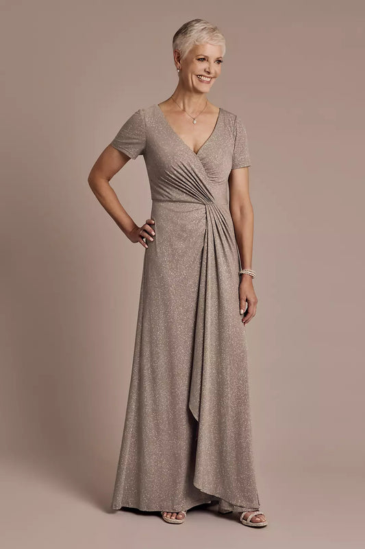 Short Sleeve Floor-Length A-Line Gown with Wrap Waist