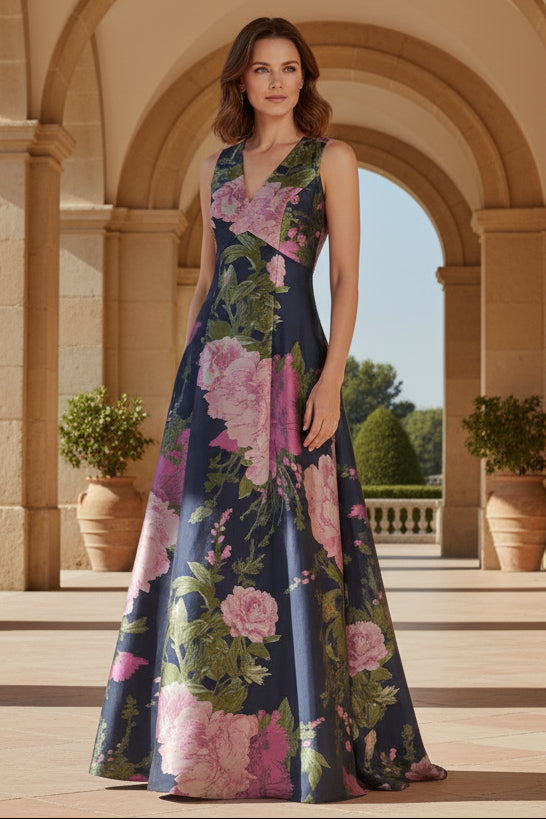 Pink Floral Print V-Neck Evening Dress