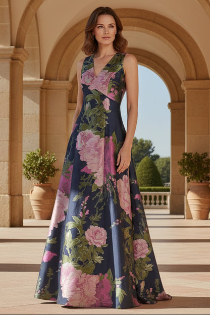 Pink Floral Print V-Neck Evening Dress