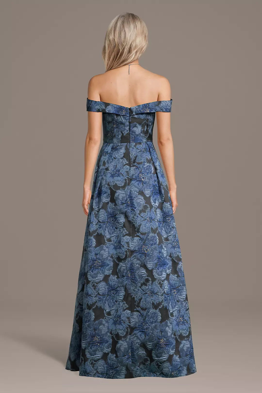 Navy Blue Off-Shoulder Floral Evening Dress