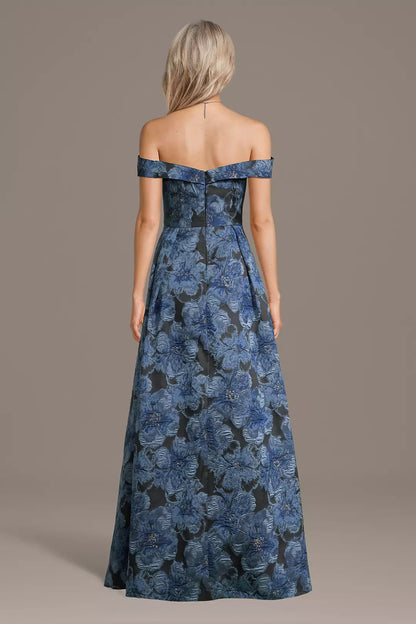 Navy Blue Off-Shoulder Floral Evening Dress