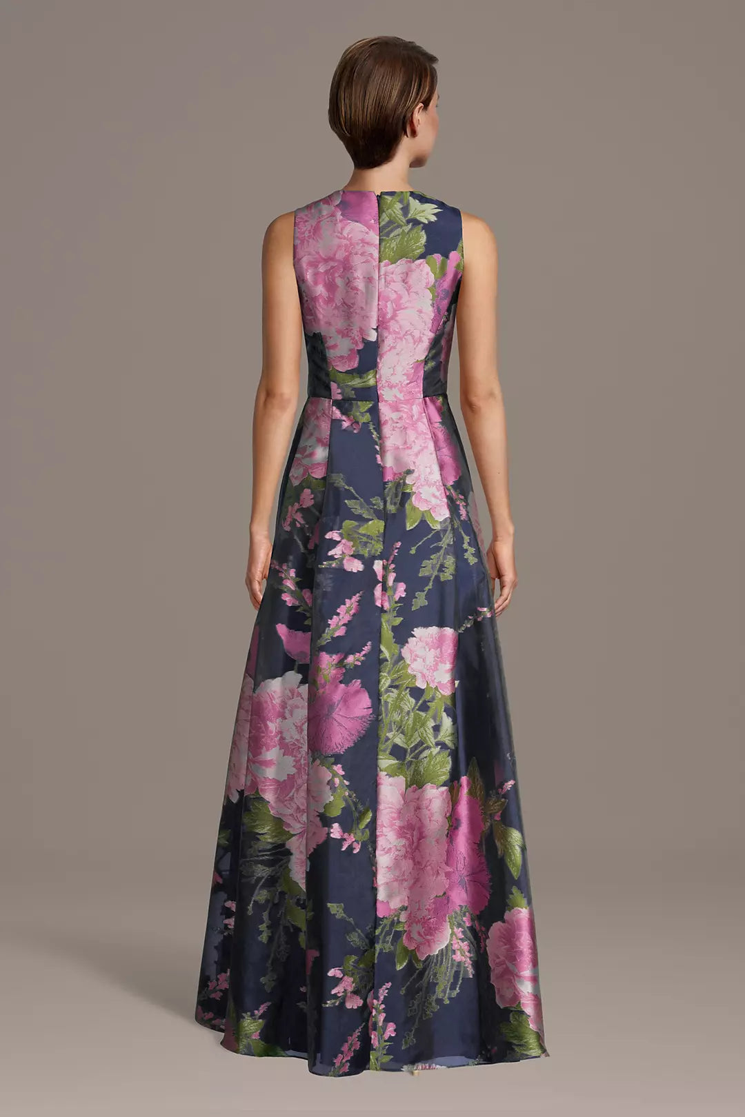 Pink Floral Print V-Neck Evening Dress