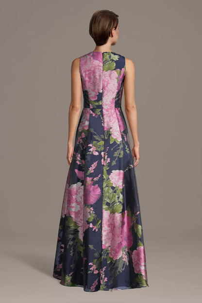 Pink Floral Print V-Neck Evening Dress