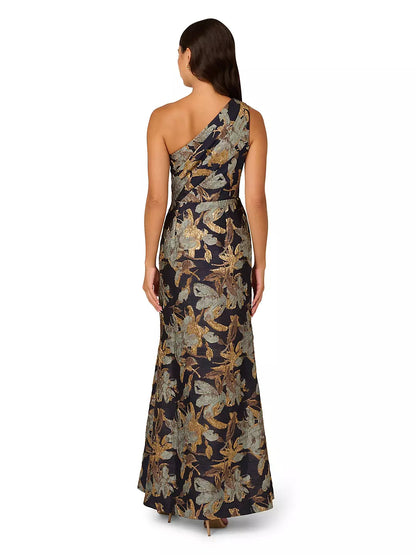 Black Floral One-Shoulder Evening Dress