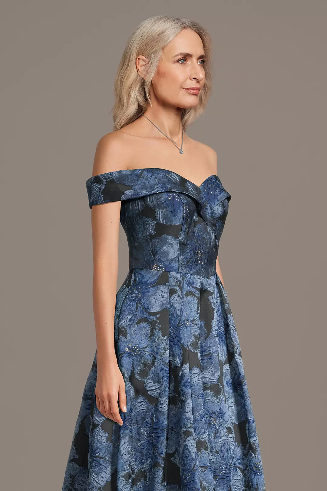 Navy Blue Off-Shoulder Floral Evening Dress