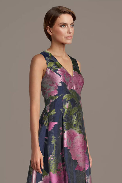 Pink Floral Print V-Neck Evening Dress