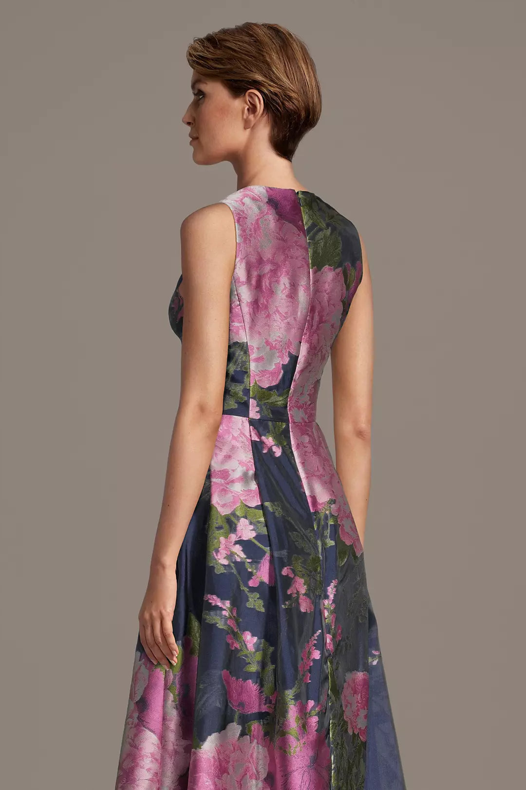 Pink Floral Print V-Neck Evening Dress