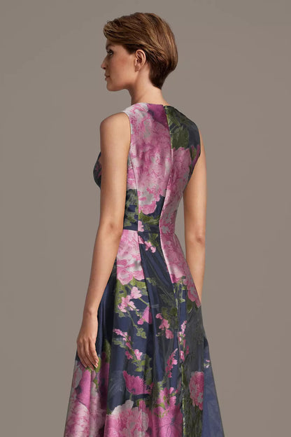 Pink Floral Print V-Neck Evening Dress