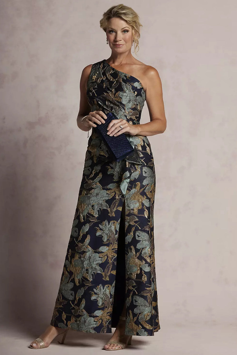 Black Floral One-Shoulder Evening Dress