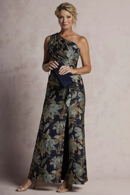 Black Floral One-Shoulder Evening Dress
