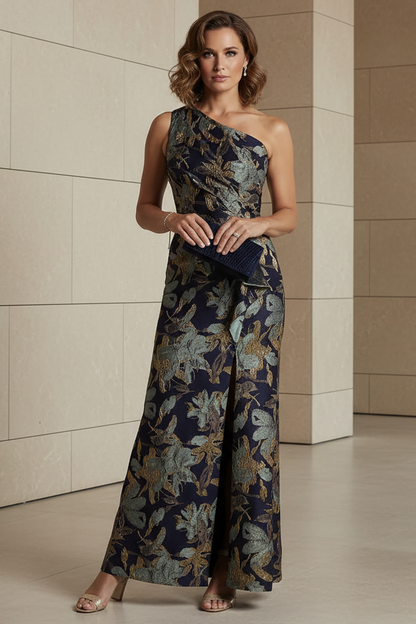 Black Floral One-Shoulder Evening Dress