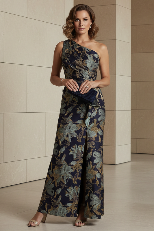 Black Floral One-Shoulder Evening Dress