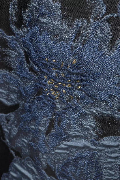 Navy Blue Off-Shoulder Floral Evening Dress