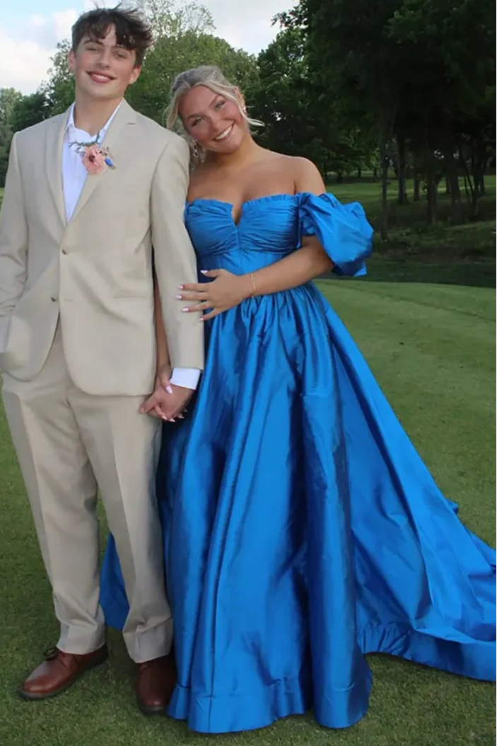 Puff Off-Shoulder Satin A-Line Empire Party Prom Dress With Slit