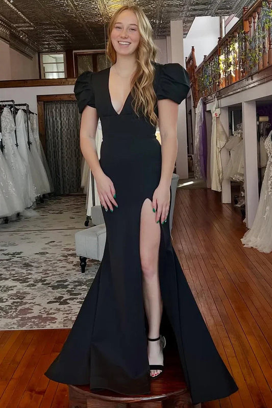 Puff Short Sleeves Mermaid Empire V-Neck Party Prom Dress