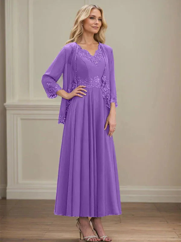 A-line V-Neck Ankle-Length Chiffon Mother of the Bride Dress