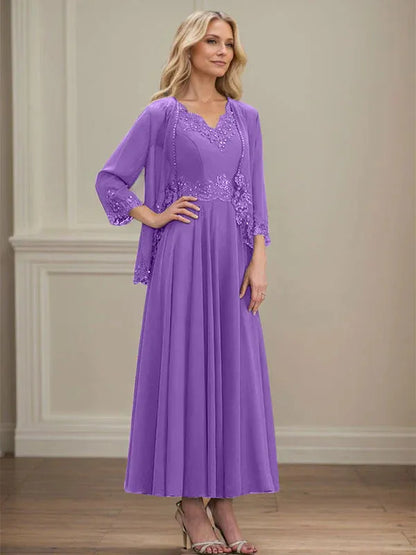 A-line V-Neck Ankle-Length Chiffon Mother of the Bride Dress