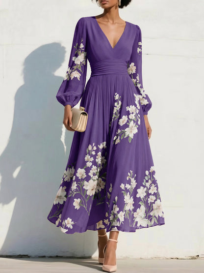 V-Neck Print-Chiffon Pleated Tea-Length Mother of the Bride Dress