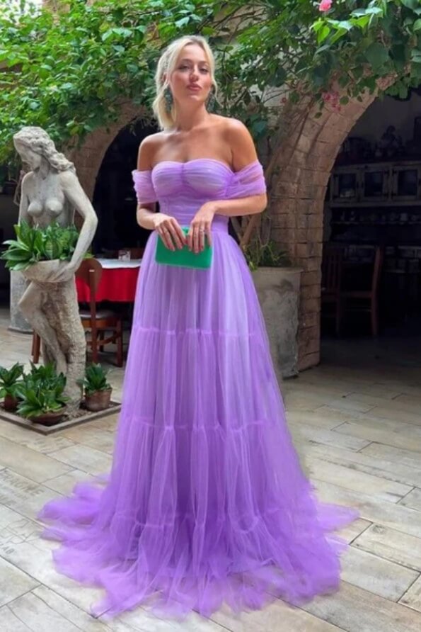 Purple A-line Strapless Off Shoulder Long Prom Dress