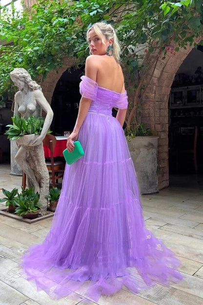 Purple A-line Strapless Off Shoulder Long Prom Dress