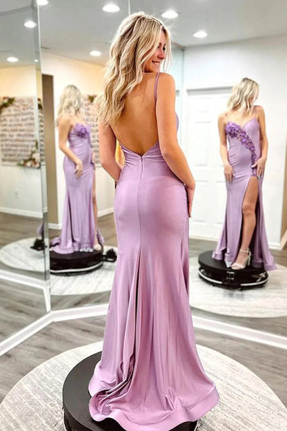 Lavender Mermaid Spaghetti Straps Long Prom Dress With Flowers