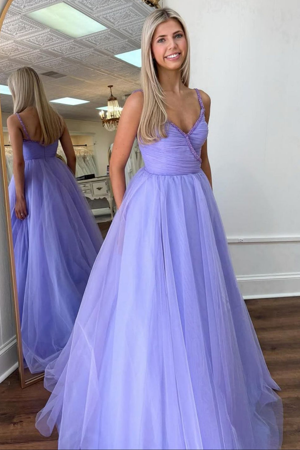 Purple Princess A-Line Spaghetti Straps Long Tulle Prom Dress