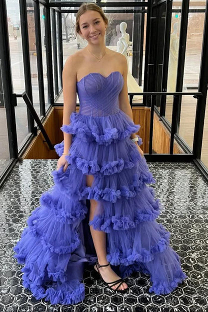 Purple Strapless Tiered Ruffle Corset Prom Dress with Slit
